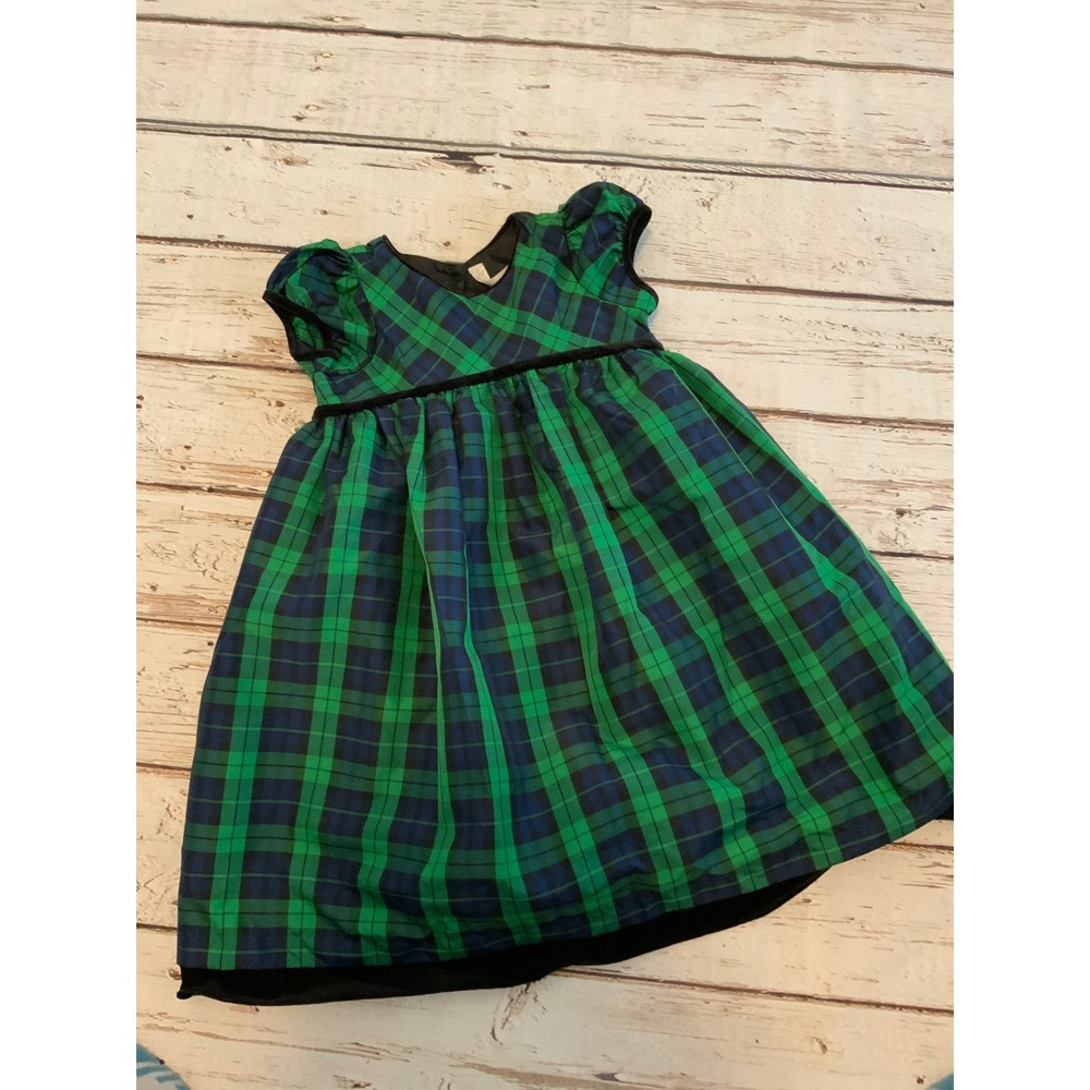 Cherokee Girls Green Navy Blue Plaid Dress Velvet Trim Puff Sleeve 5T Holiday